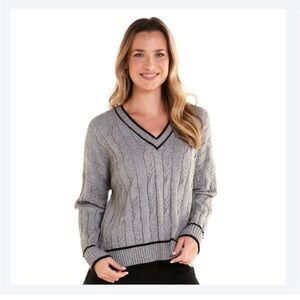 *NWT* Womens Adrianna Papell Long Sleeve V-Neck Cable Piped Sweater
